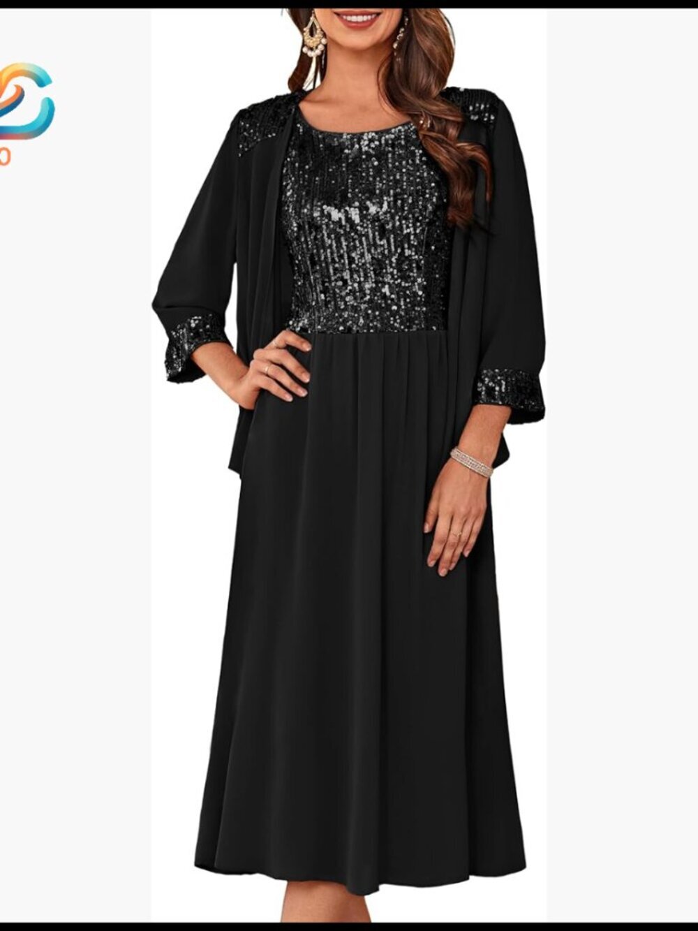 Two Piece Sequin Formal Dress with Jacket Tea Length XXL
